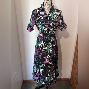 J.G. Hook 100% Linen Abstract Floral Wrap Dress Purple Teal Petite 6P Vintage